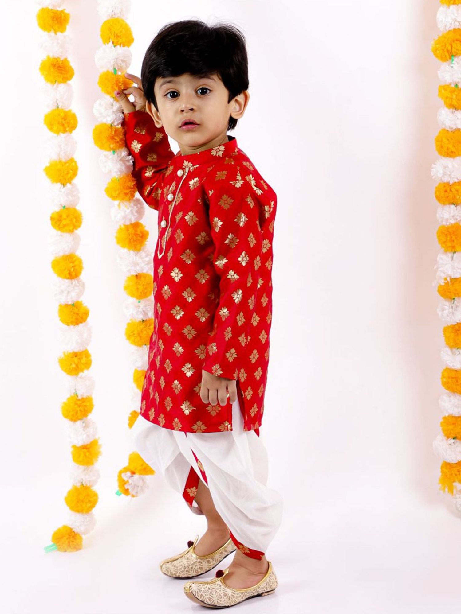 Little Bansi Kids Red & White Embellished Kurta Set