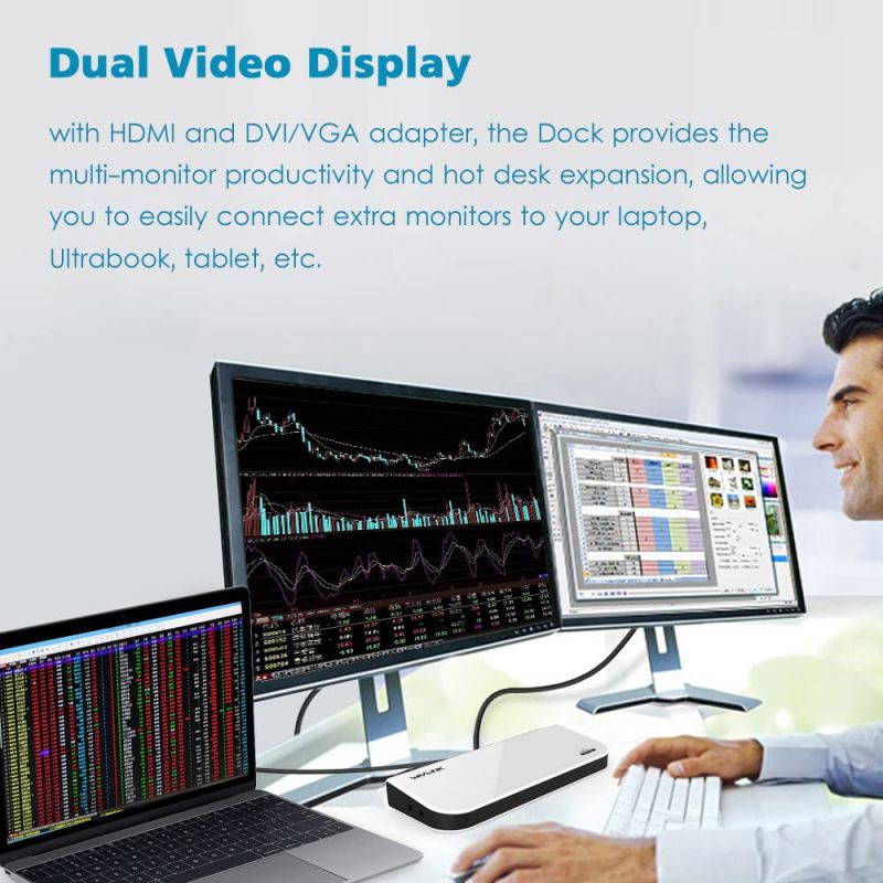 Wavlink USB 3.0 Display Universal Docking Station Dual Video HDMI/DVI/VGA , USB 3.0 & USB 2.0, Gigabit Ethernet Ports, Earphone & Mic in/out, Plug and Play For Windows Mac & Android 5.x Above - Black