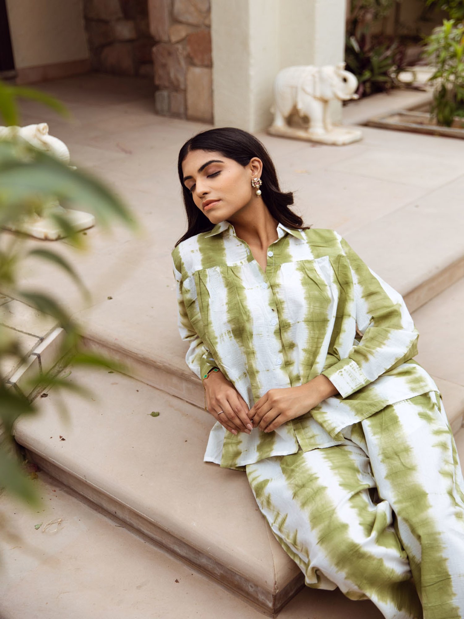 Asrumo White Green Tie Dye Cotton Coord Set