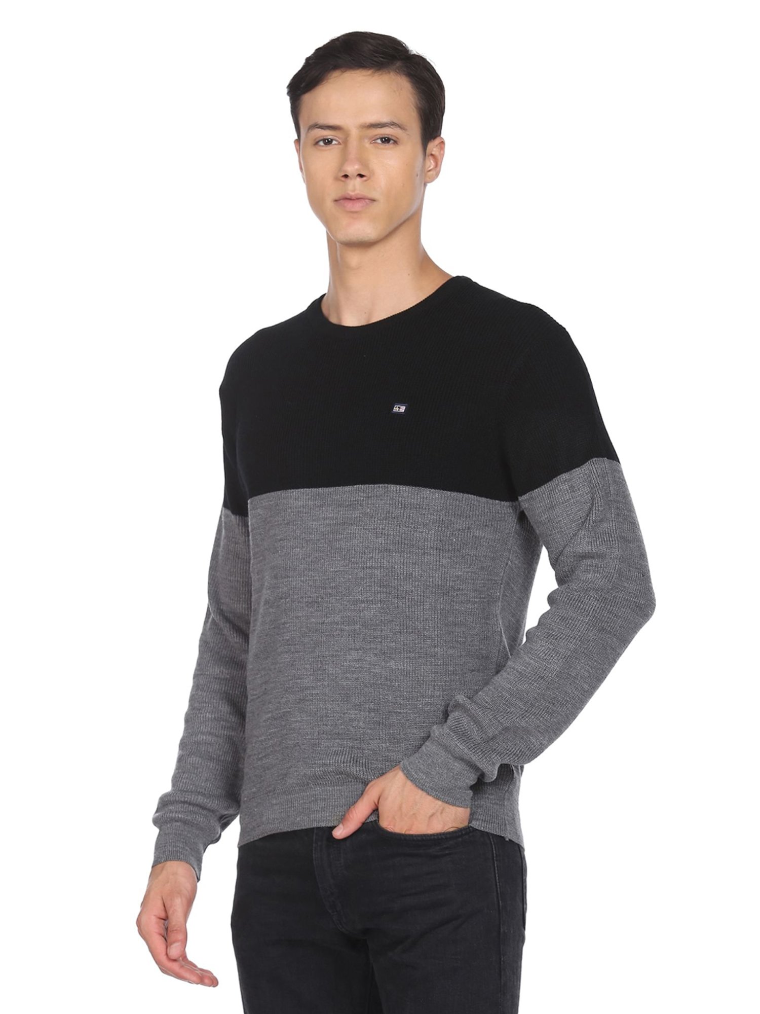 Arrow Sport Black & Grey Regular Fit Colour Block Sweater