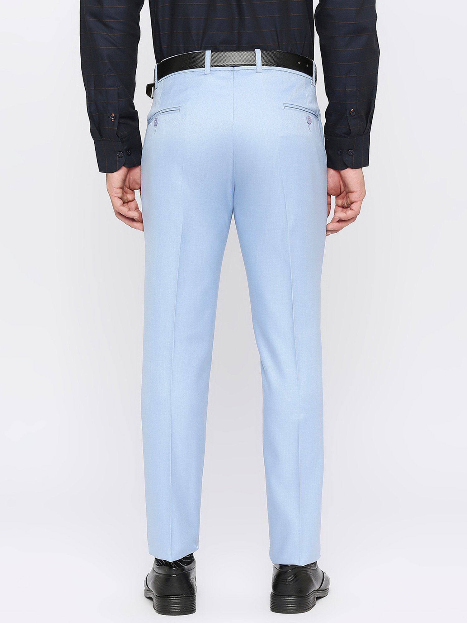 SOLEMIO Sky Blue Slim Fit Flat Front Trousers