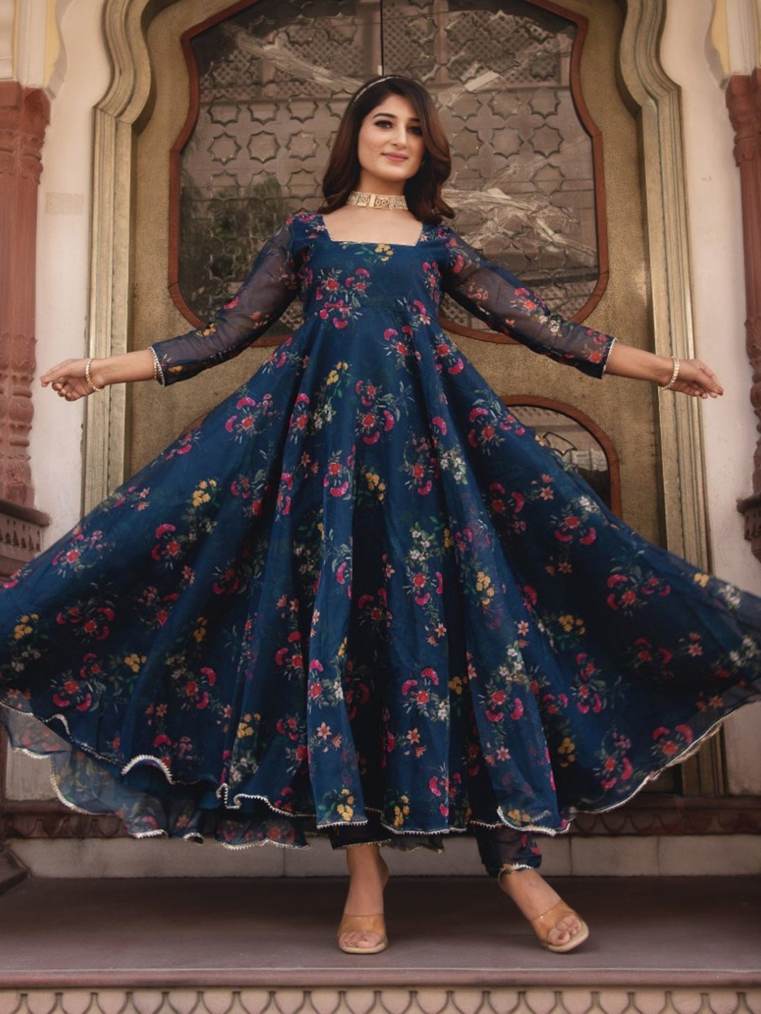 Calmna Peacock Blue Gotapatti Organza Anarkali Suit Set