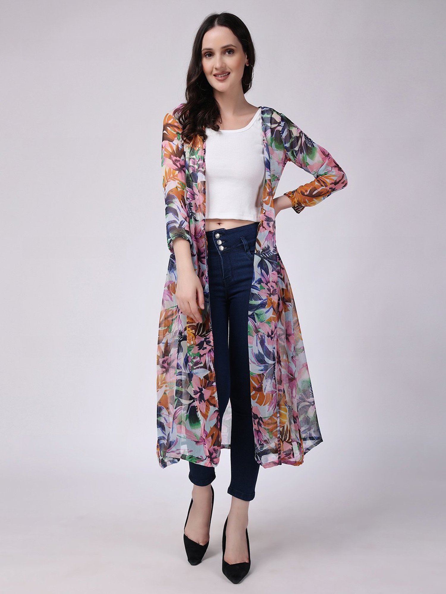 Scorpius Multicolor Floral Print Long Shrug