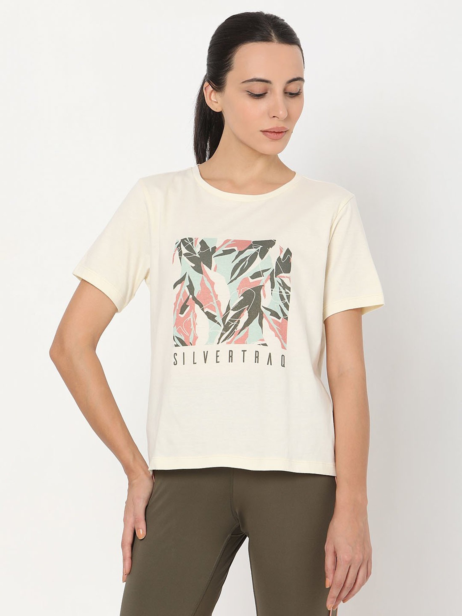 SILVERTRAQ Beige Cotton Printed T-Shirt