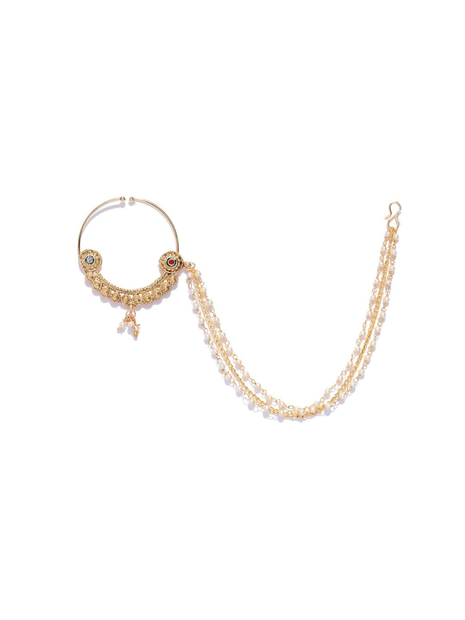 Zaveri Pearls Golden & Pearl White Alloy Nose Ring