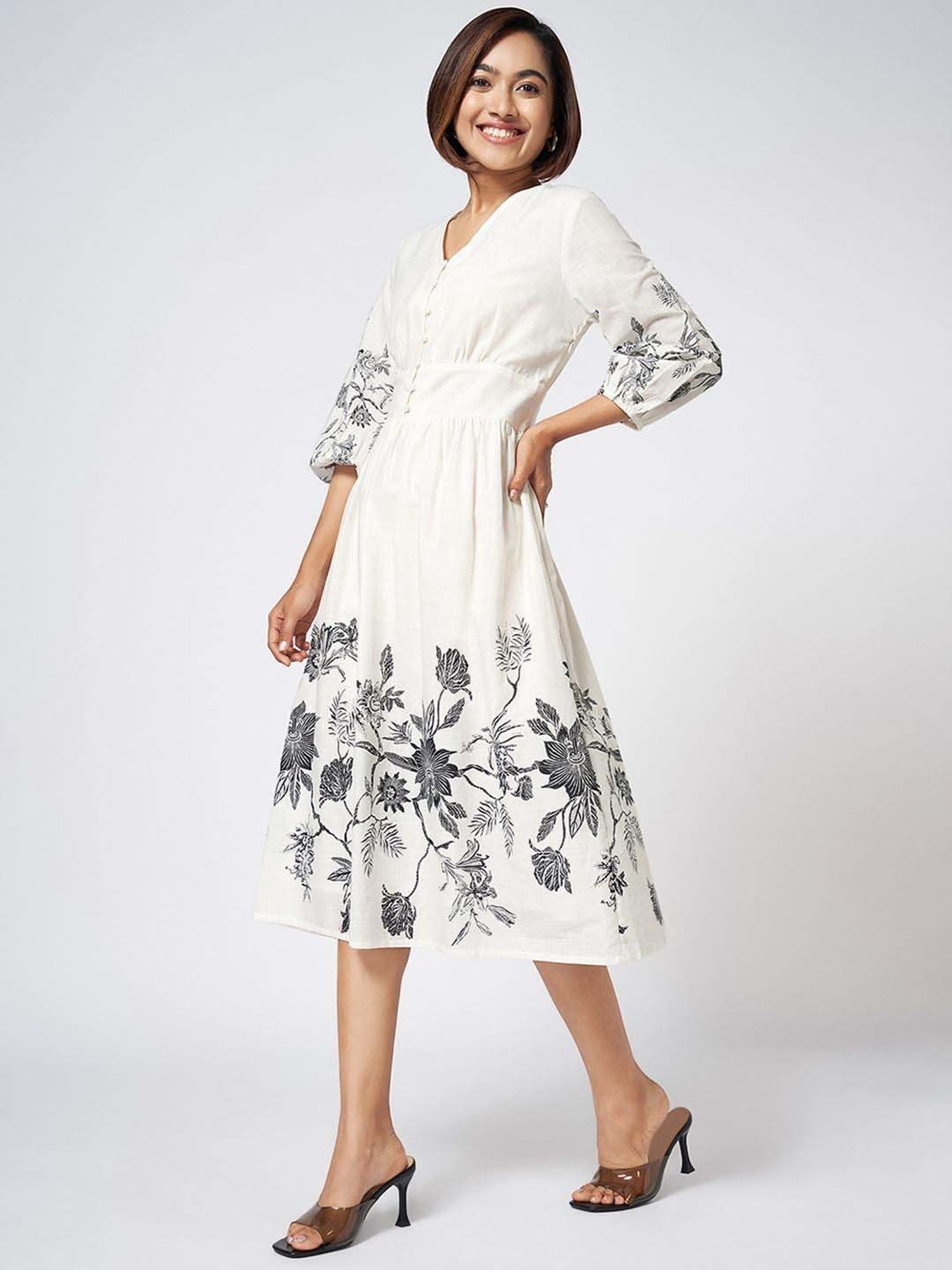 Honey by Pantaloons Off-White Printed A-Line Dress