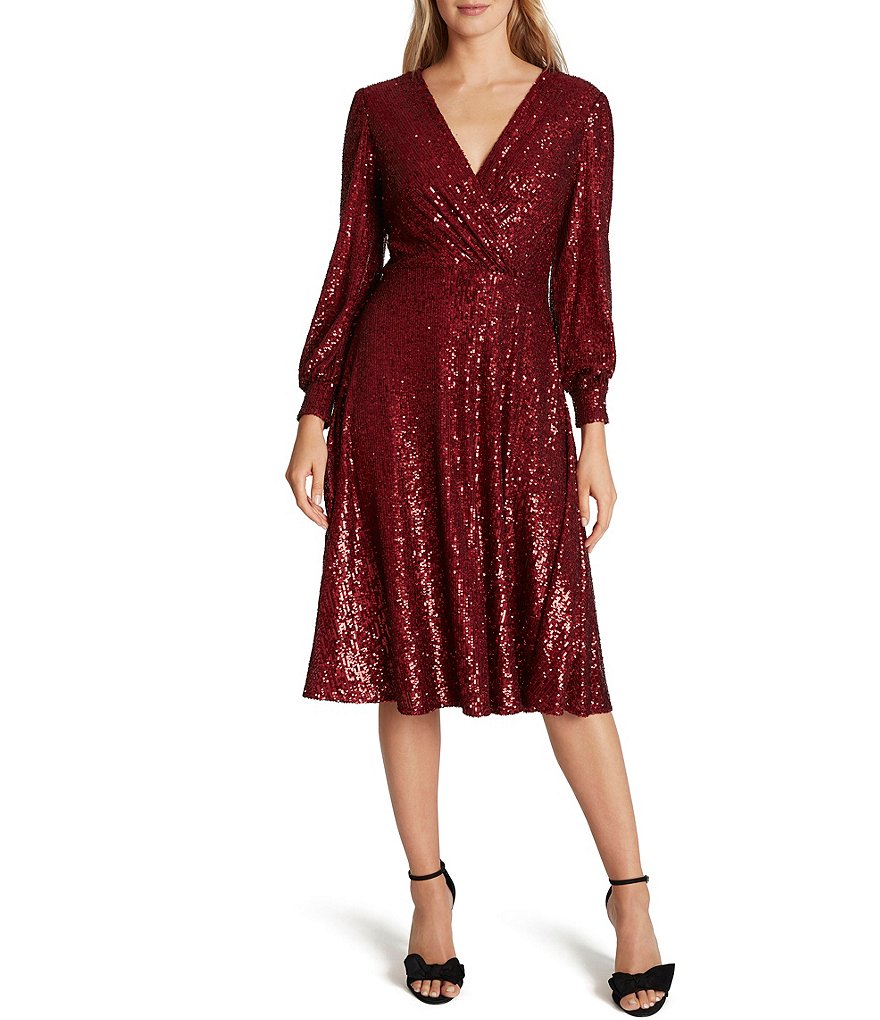 Tahari ASL Stretch Allover Sequin Faux Wrap Midi Dress