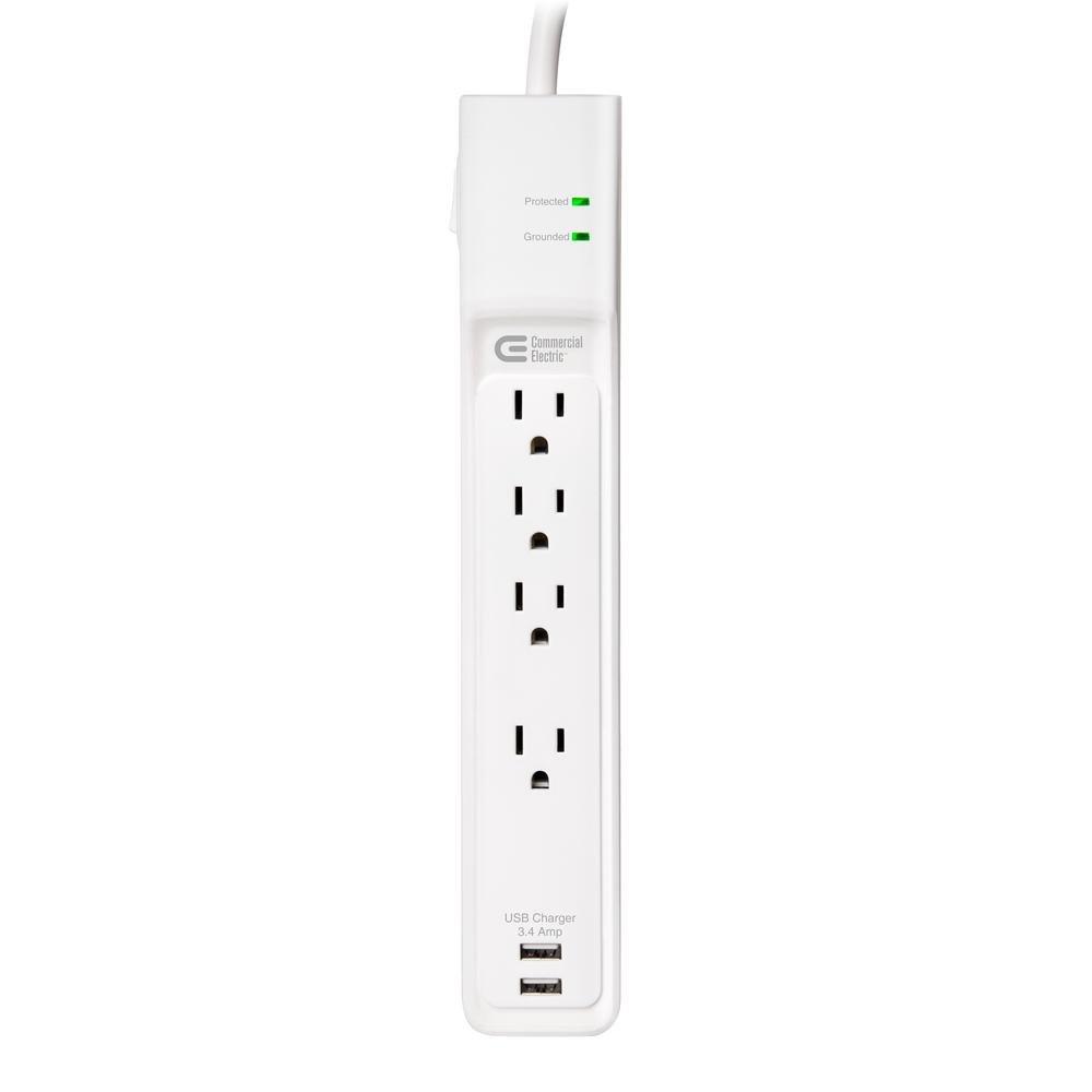 4-Outlet USB Power Strip Surge Protector with 4 ft. Cord, White