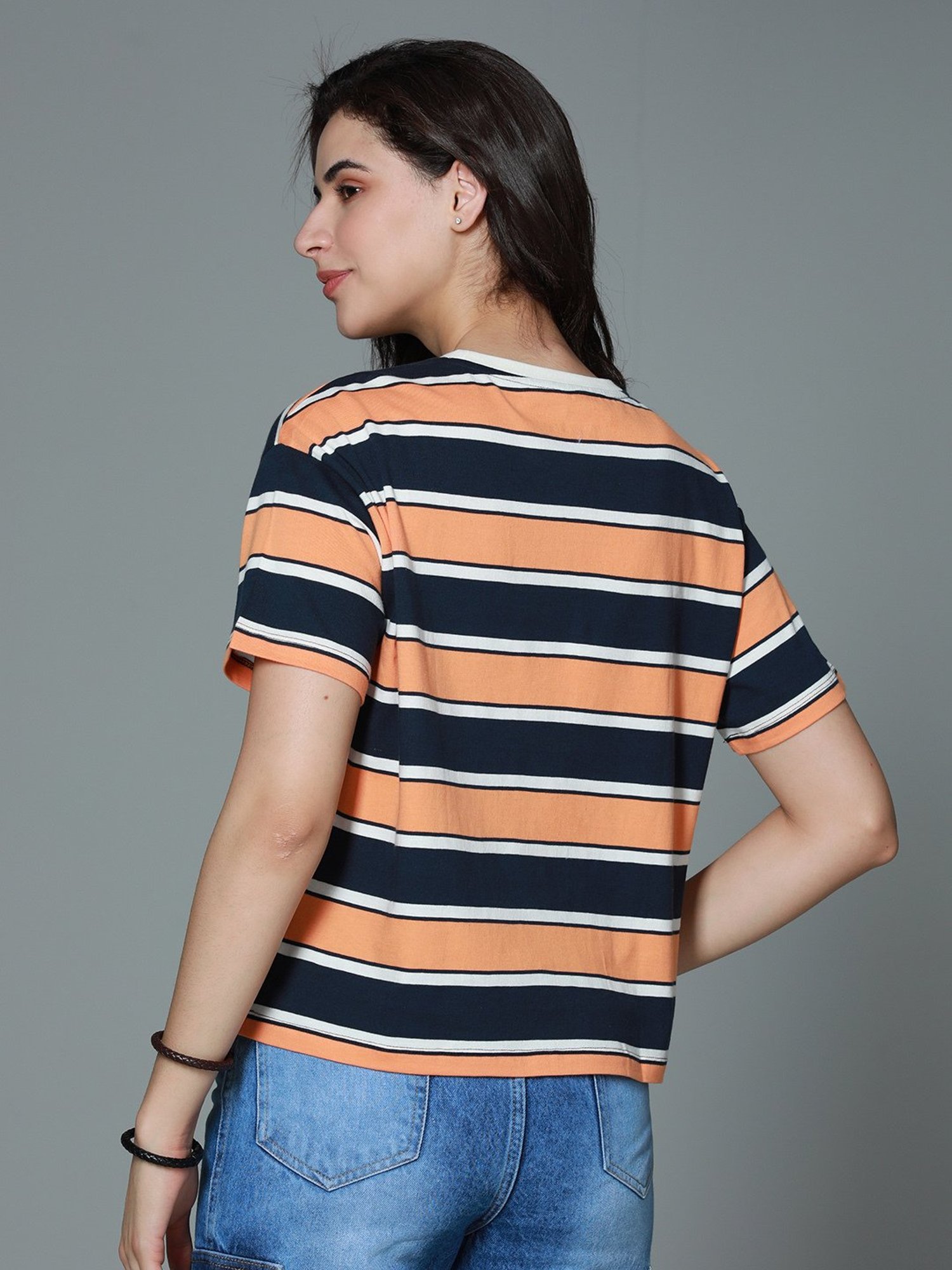 High Star Orange Cotton Stripes T-Shirt