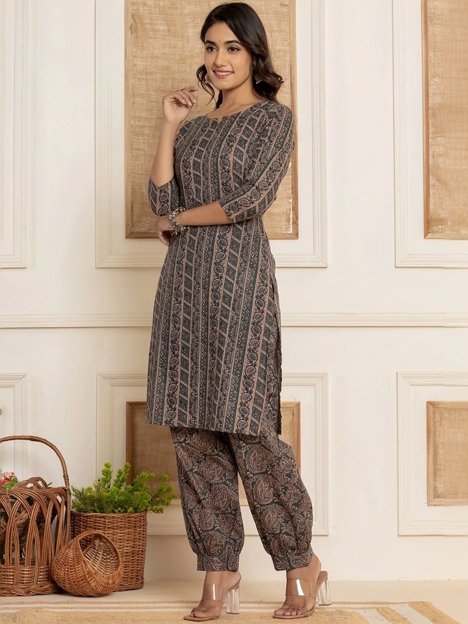 Yufta Teal Green Cotton Printed Kurta Harem Pant Set