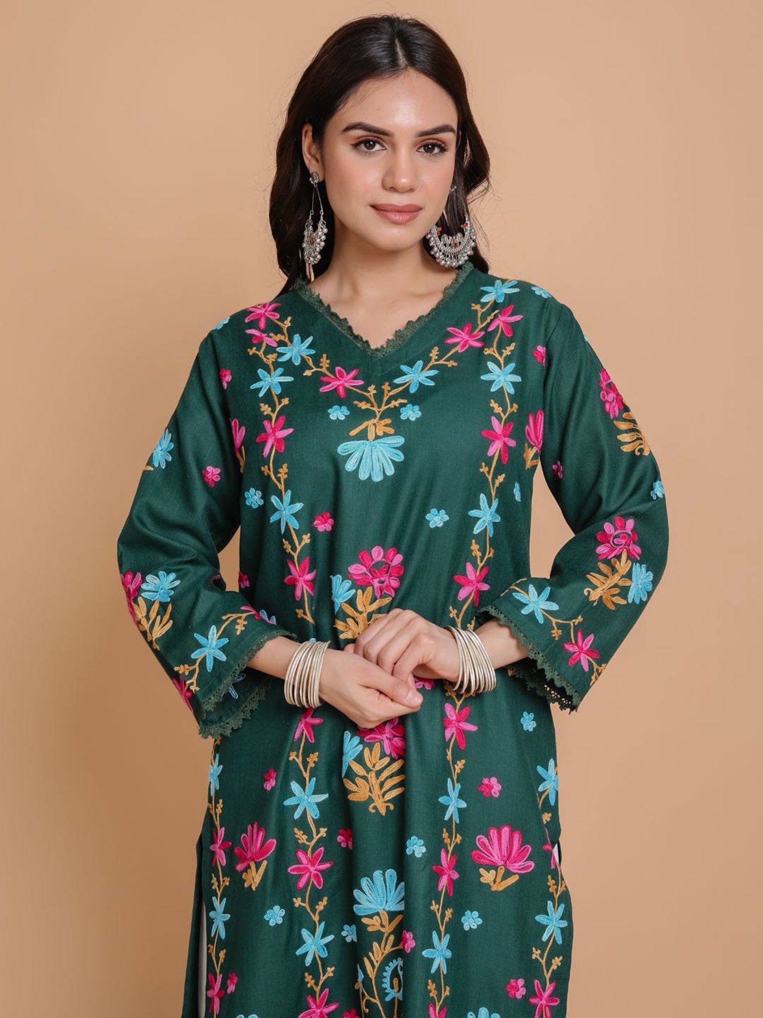 House of Kari Falak Kashmiri Long Kurta  Green