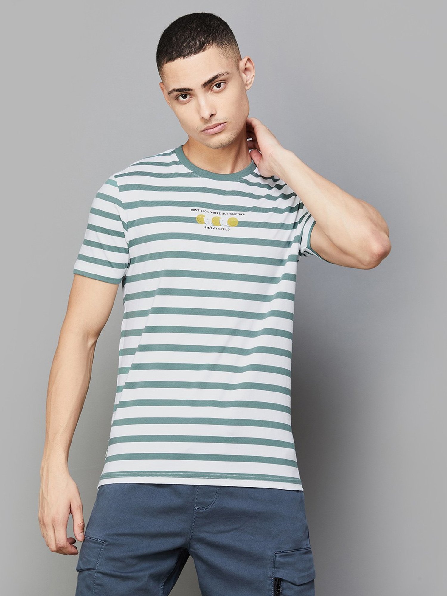 Smileyworld Olive Cotton Regular Fit Striped T-Shirt