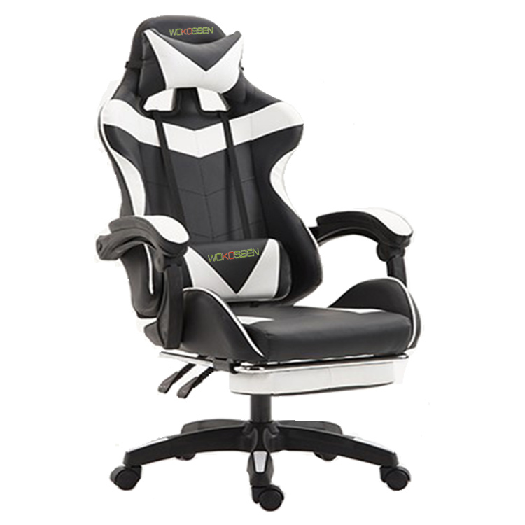 Wokossen Gaming Chair Racing Style Office Chair Adjustable Lumbar Cushion Swivel Rocker Recliner Leather High Back Ergonomic Computer Desk Chair with Retractable Footrest(Black/White)