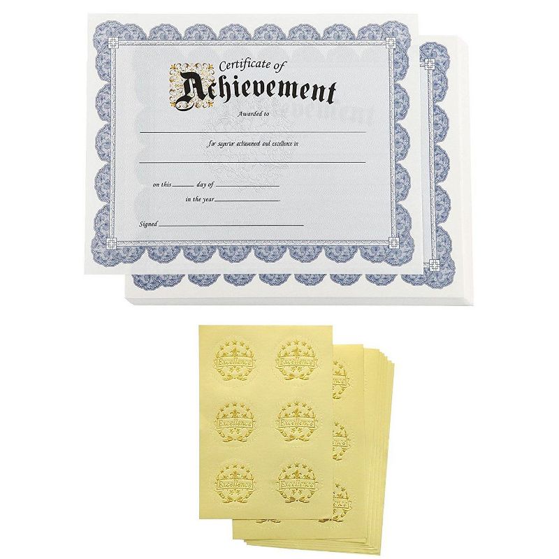 48-Pack Certificate of Achievement, Excellence Gold Foil Seal Included for Student & Employee Recognition, Blue, 8.5" x 11"