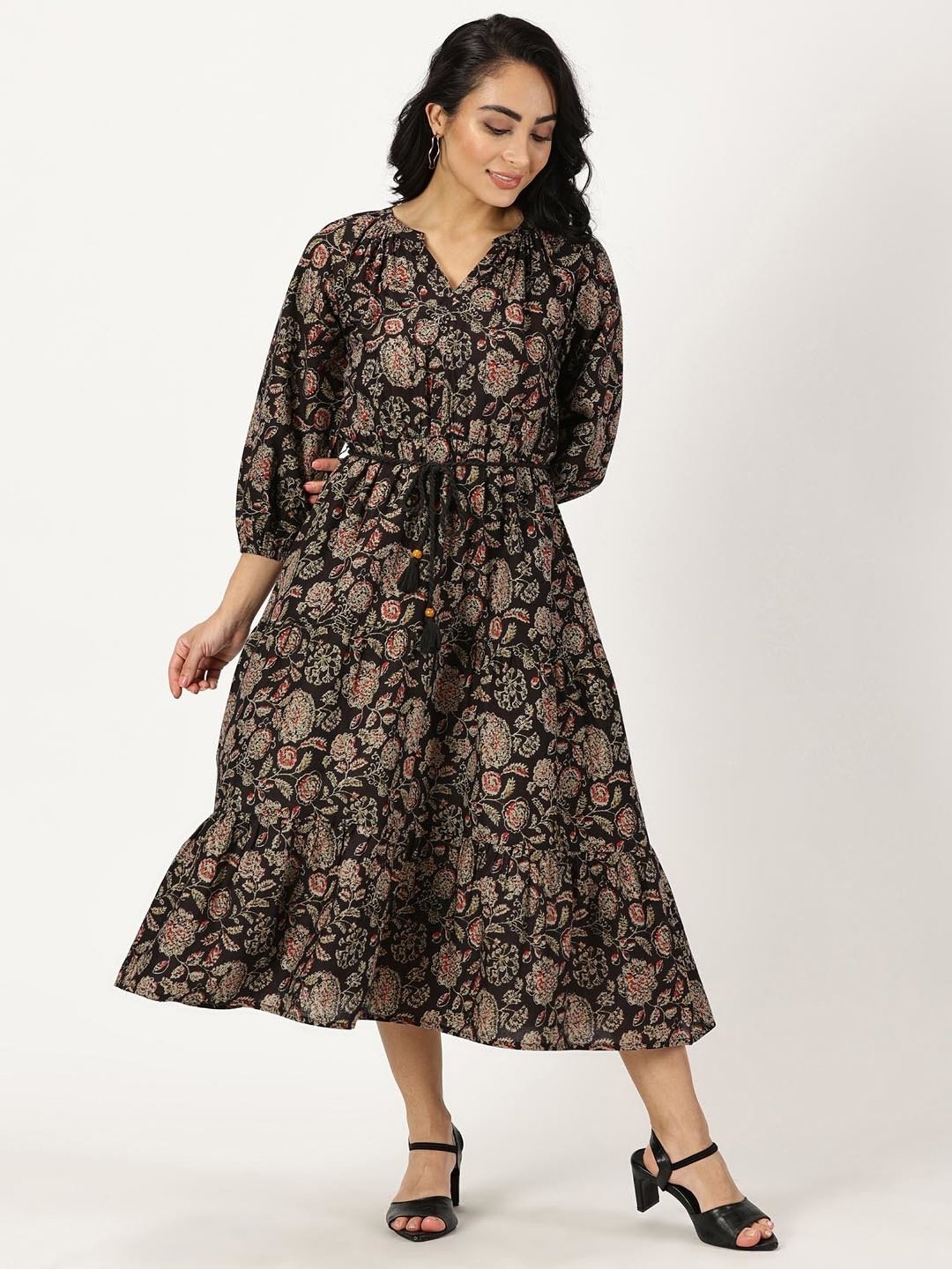 Saffron Threads Black Cotton Floral Print Ethnic Dress