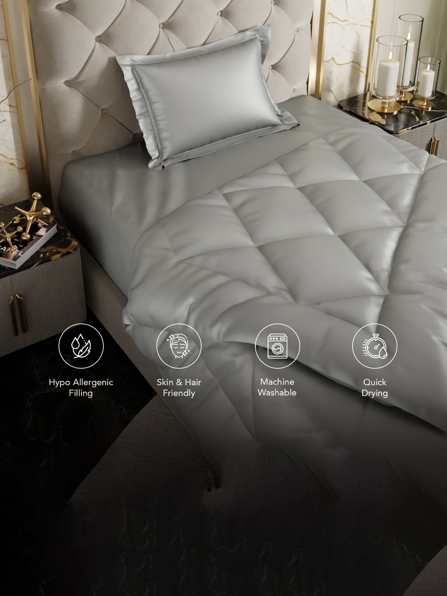 Stoa Paris Date Night Grey 150 GSM Poly Satin Single Ultra Silky Soft Comforter