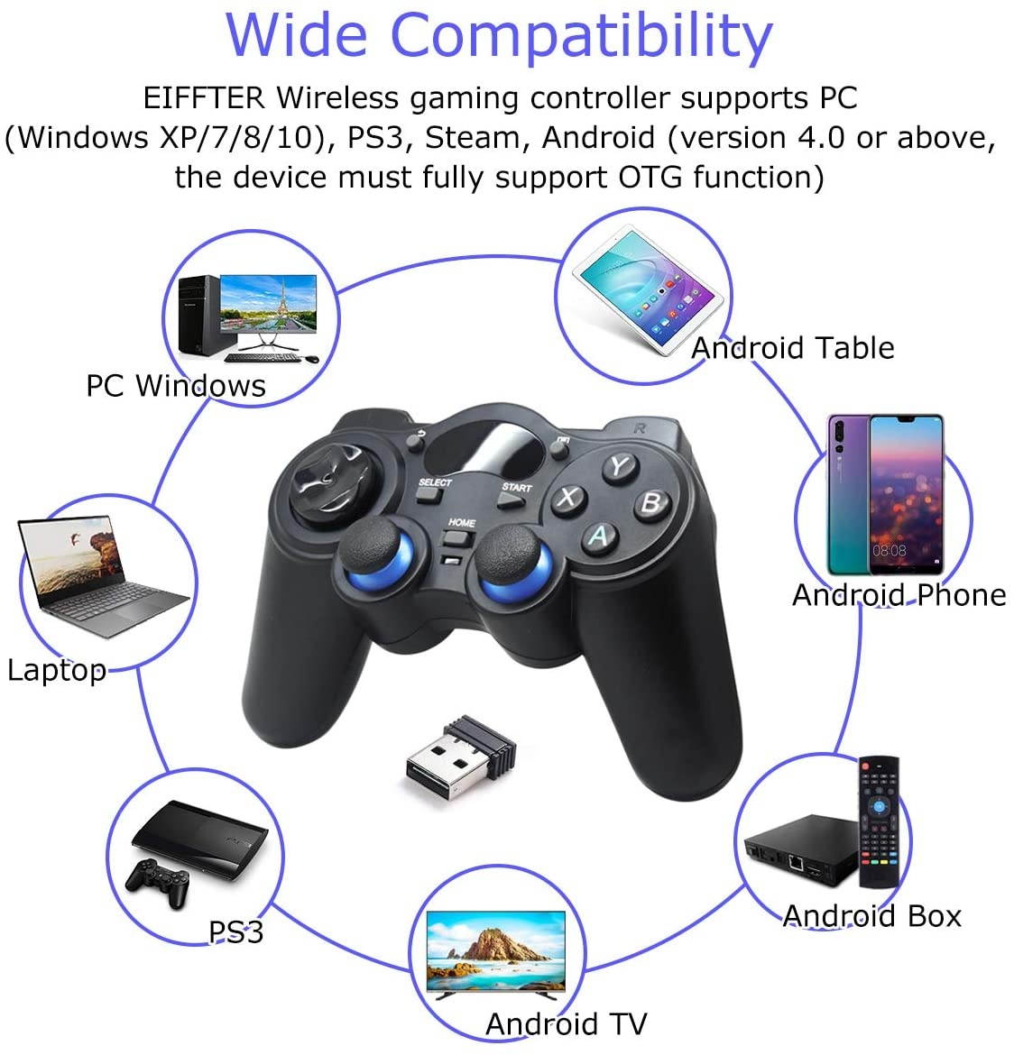 Fashionable Wireless Game Controller, Joystick Gamepad for PC, USB Gaming Controller Compatible with Windows 10/8/7/XP, Laptop, PS3, Android Phone, Steam (Black)