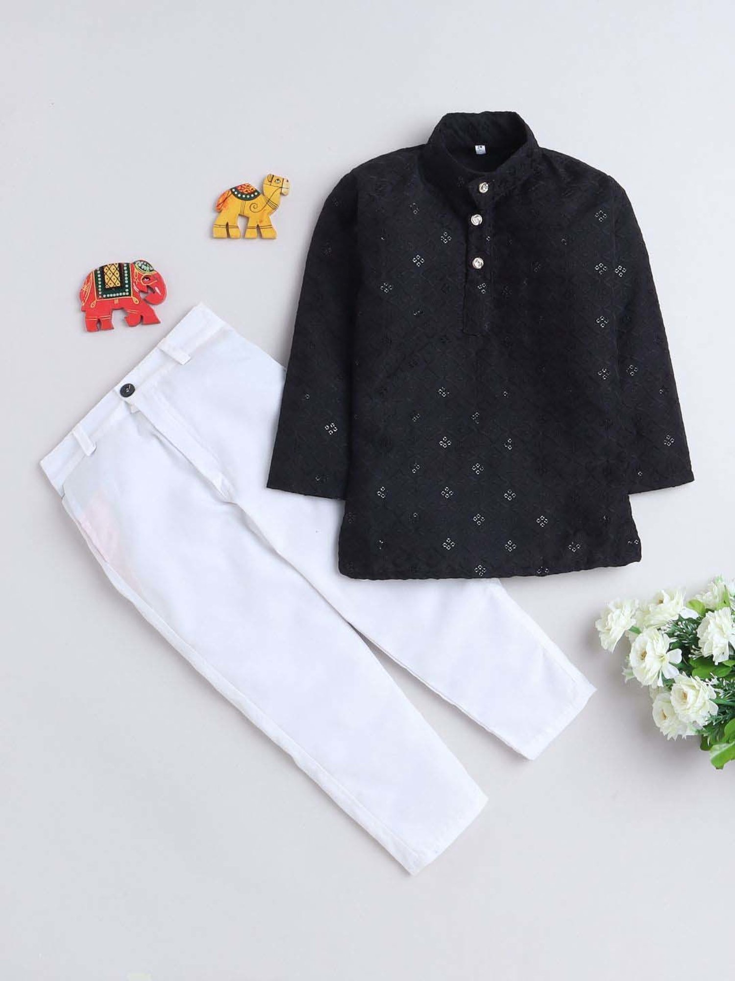 Fourfolds Boys Black Cotton Embroidery Full Sleeves Kurta Set