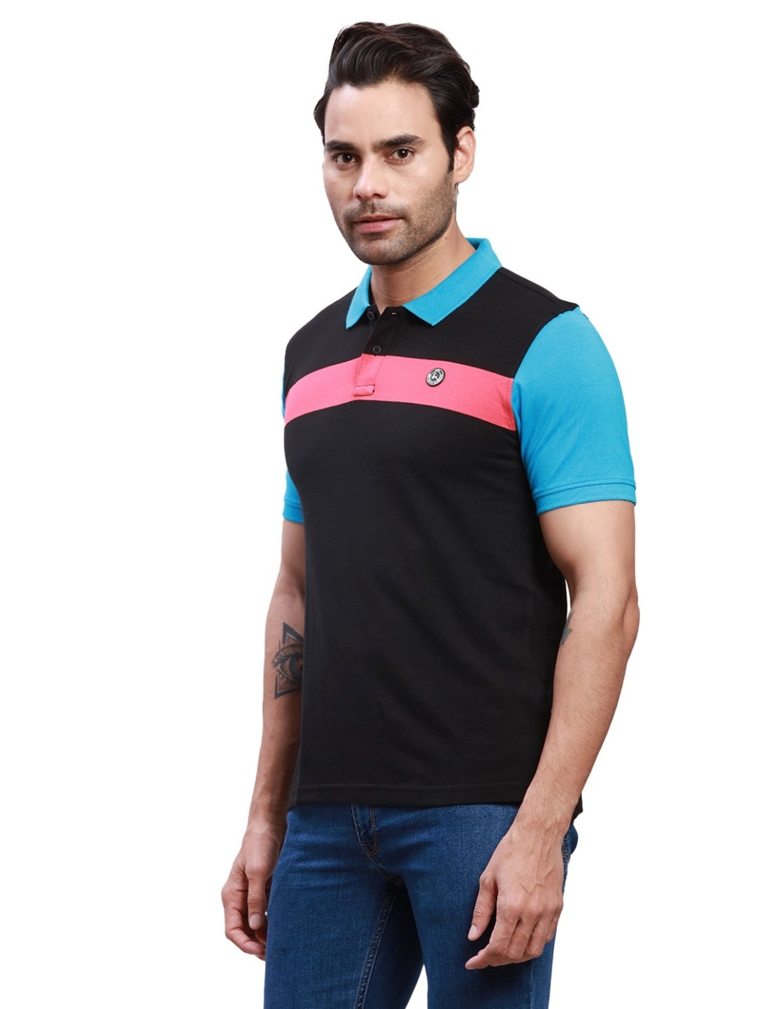 Parx Black Cotton Regular Fit Colour Block Polo T-Shirt