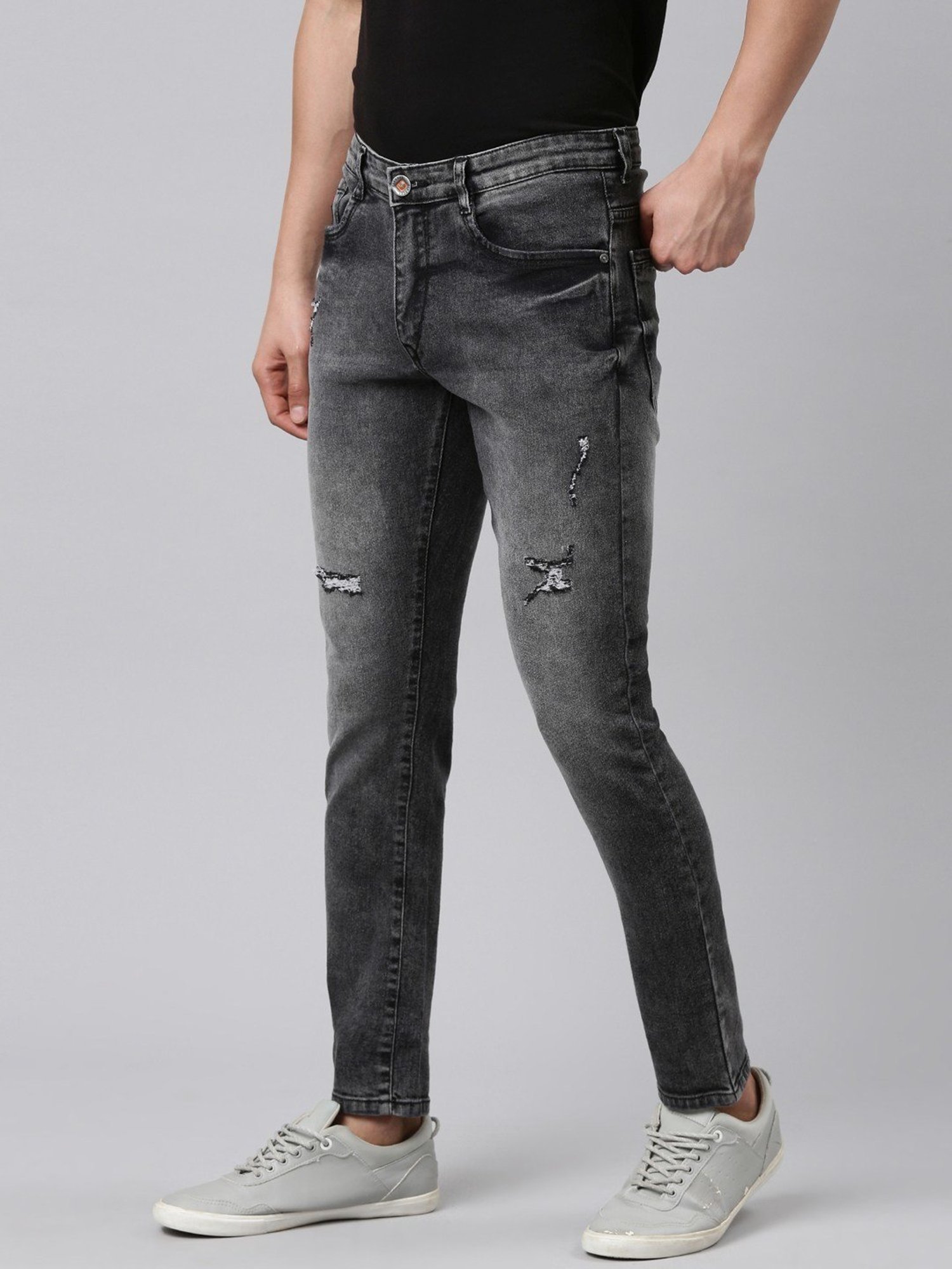 CINOCCI Black Cotton Slim Fit Distressed Jeans