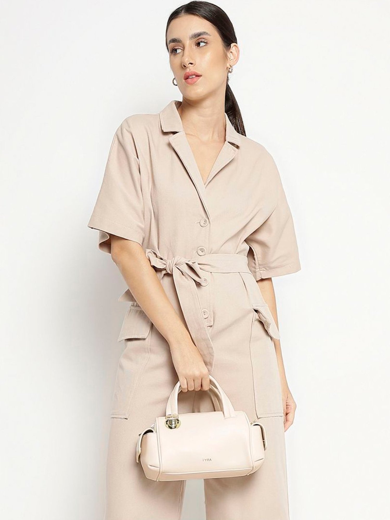 Tyra Sofia Beige Solid Faux Leather Handbag