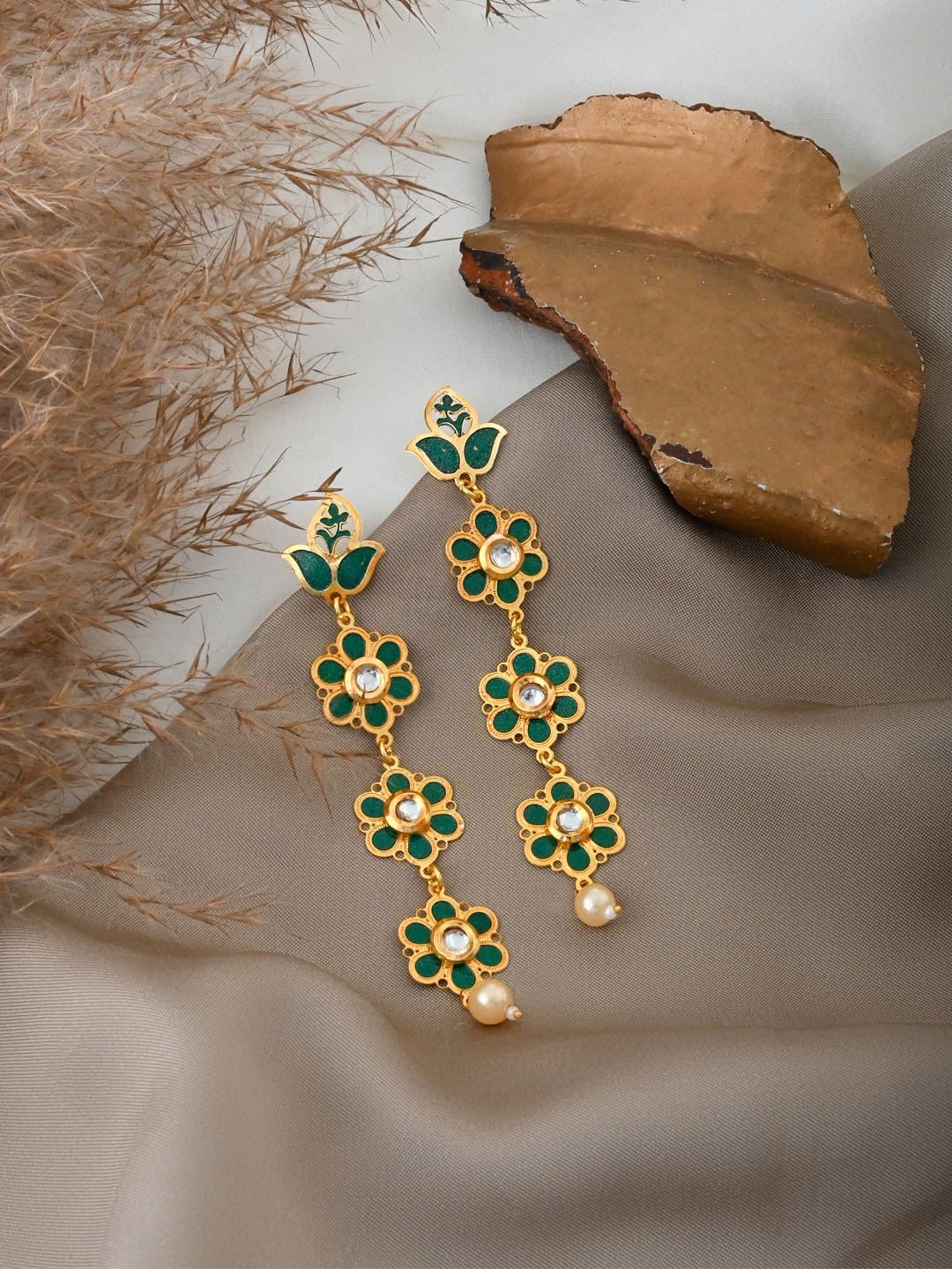 Teejh Daivey Dark Green & Golden Dangler Earrings