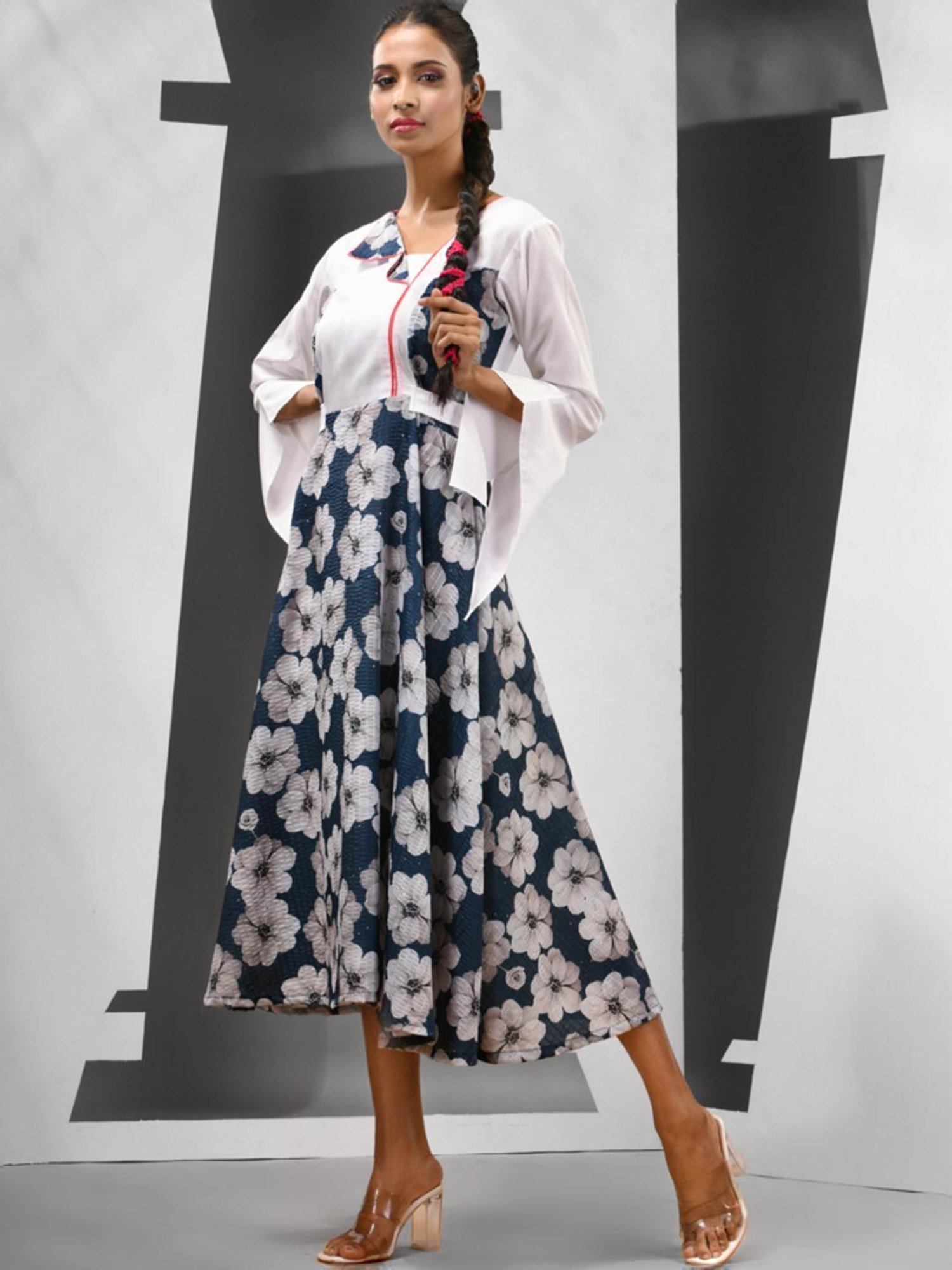 Charukriti Aegean Blue & White Floral Print A-Line Dress