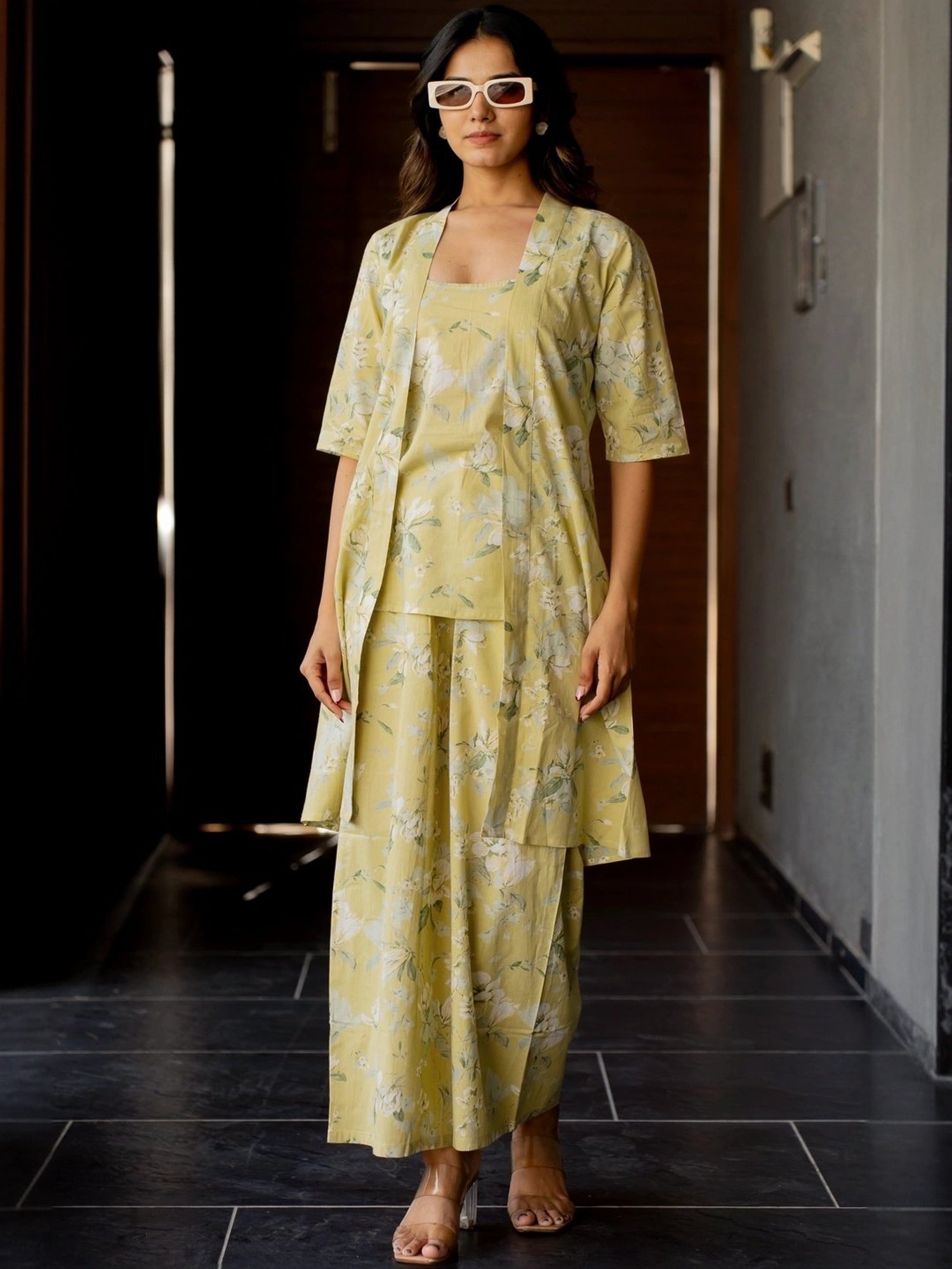 MIRCHI FASHION Yellow Cotton Printed Top Palazzo Set With Shrug