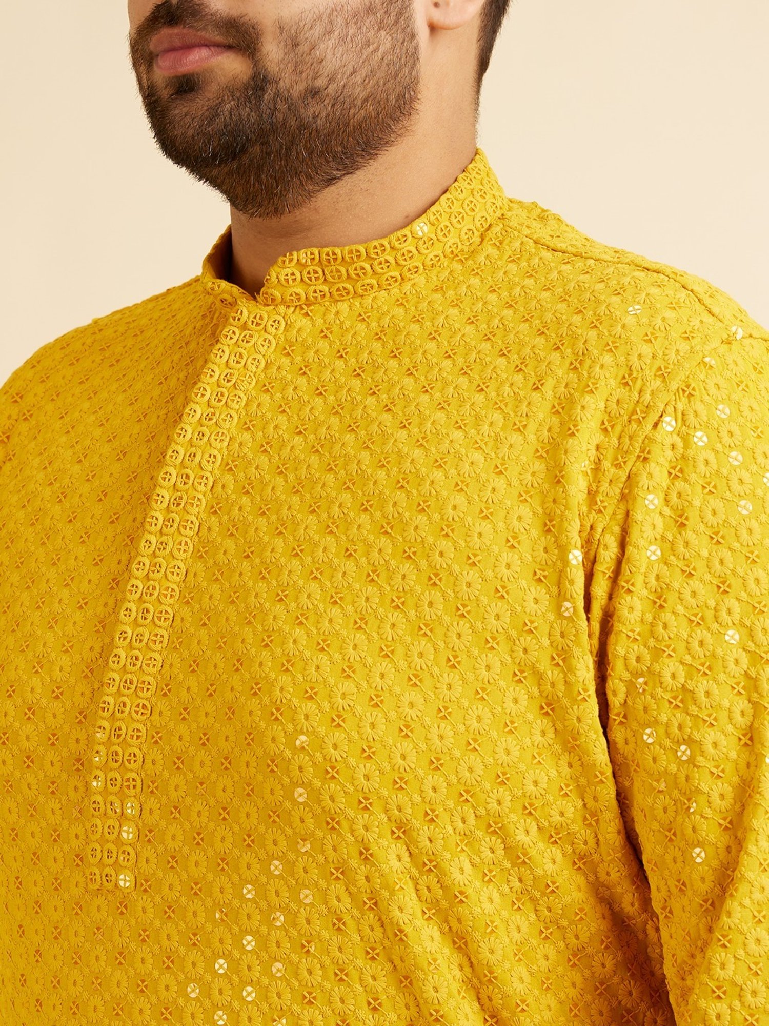 Manyavar Mustard Regular Fit Embroidered Plus Size Kurta and Pyjama Set