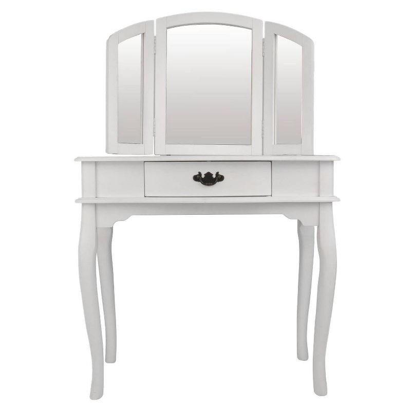 Wooden Vanity Set Featuring Stool And Mirror White - Benzara