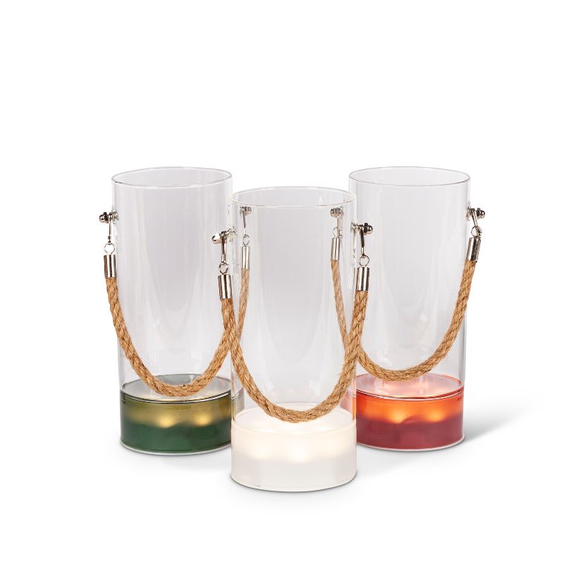 Everlasting Glow Set of Three 7.87-Inch Tall Lighted Glass Vases With Rope Handle
