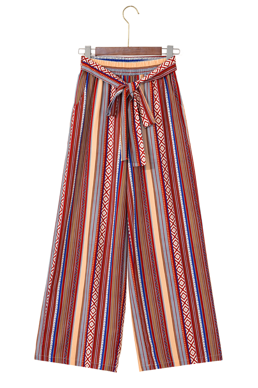 Red Boho Ethnic Striped Print Tie Waist Wide Leg Pants
