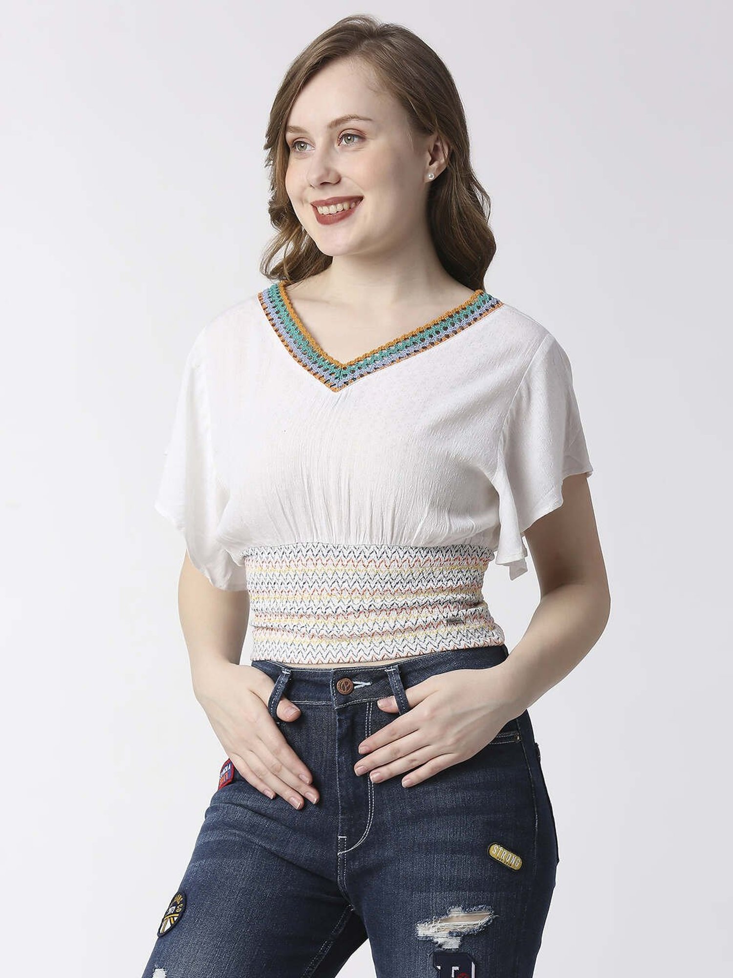 Pepe Jeans White Self Pattern Top