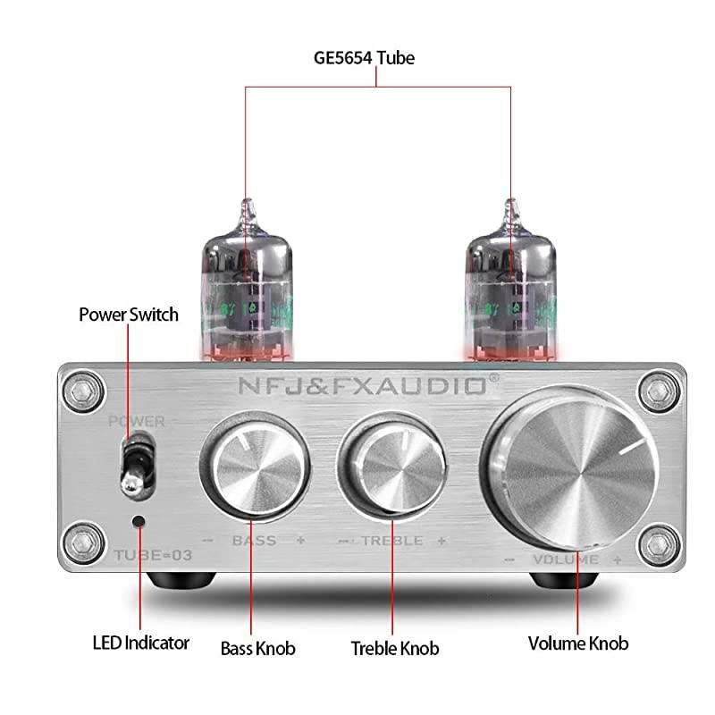 Home Audio GE5654 Tube PreampSound Quality Upgrade Electronic HiFi Stereo Vacuum Tube Preamplifier with Bass Treble Control DC12V Power Supply for Home Audio Player Silvery