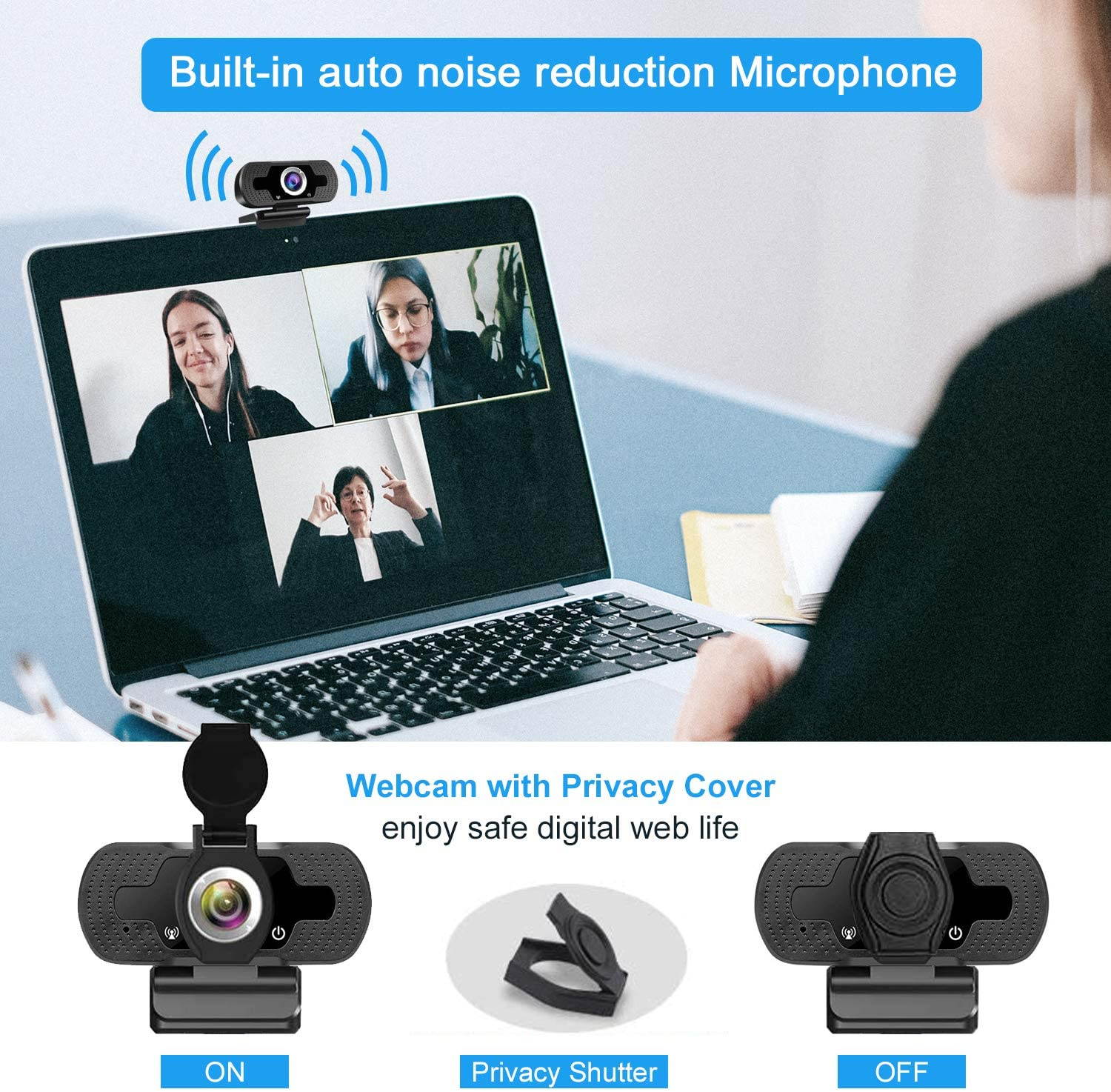 Full 1080P Webcam with Microphone Pro Streaming Web Camera USB Computer Camera PC Mac Laptop Desktop Video Calling Conferencing Recording with Privacy Shutter (Color: Black)