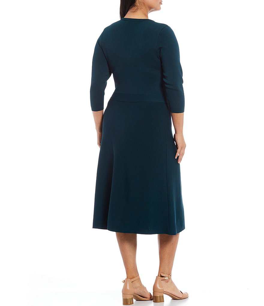 Eliza J Plus Size Crew Neck 3/4 Sleeve Tie Waist Slick Knit A-Line Midi Dress