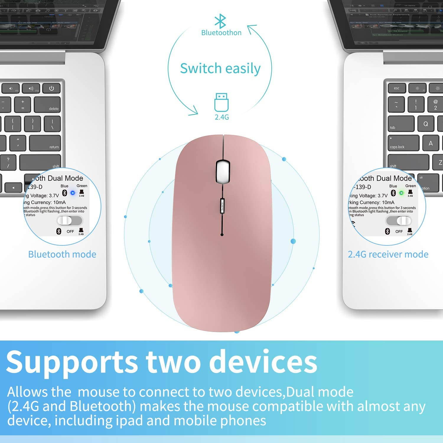 2.4GHz Wireless Bluetooth Mouse, 3 Adjustable DPI, Dual Mode Slim Rechargeable Wireless Mouse Silent USB Mice,Compatible for Laptop Windows Mac Android MAC PC Computer (Silver)