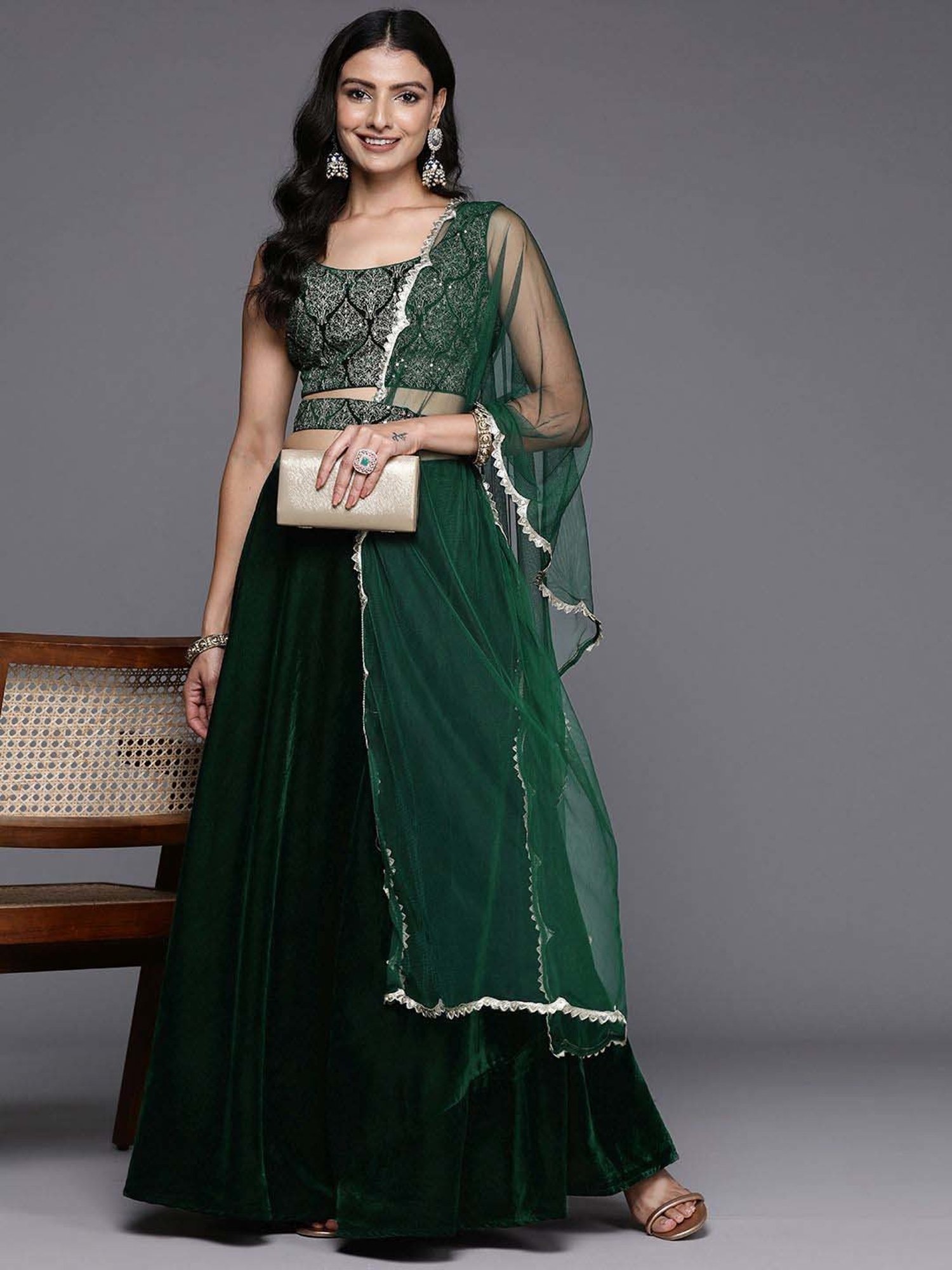 Libas Green Plain Lehenga Choli Set With Dupatta