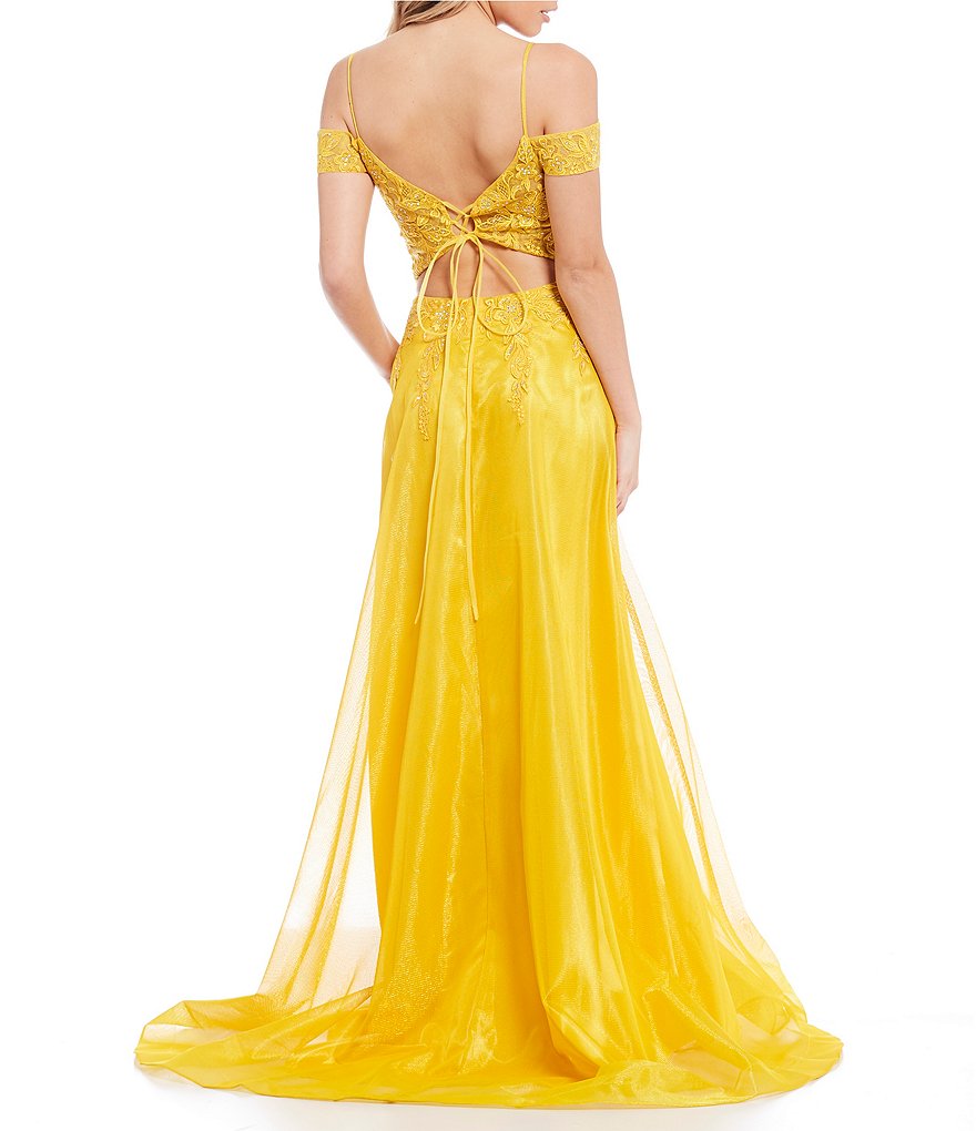 Coya Collection Off-The-Shoulder Lace-Up Back Embroidered Bodice Shimmer Ball Gown