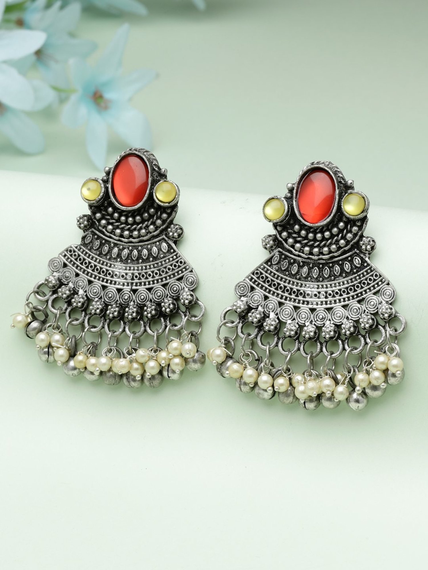 Moedbuille Mirrors and Pearls Afghan Antique Design Oxidised Silver Plated Earrings