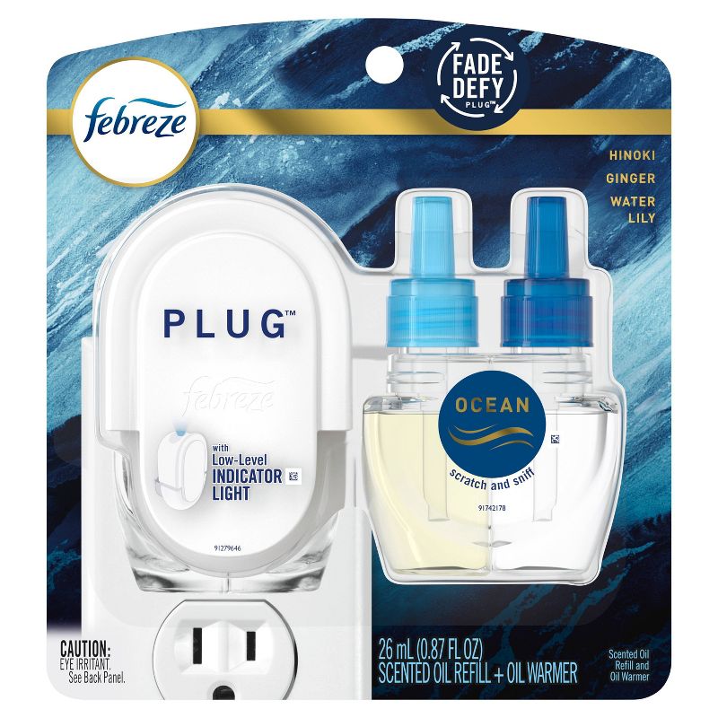 Febreze Origins Fade Defy Plug Air Freshener & Odor Eliminator, Ocean, Starter Kit & Oil Refill - 0.87 fl Oz