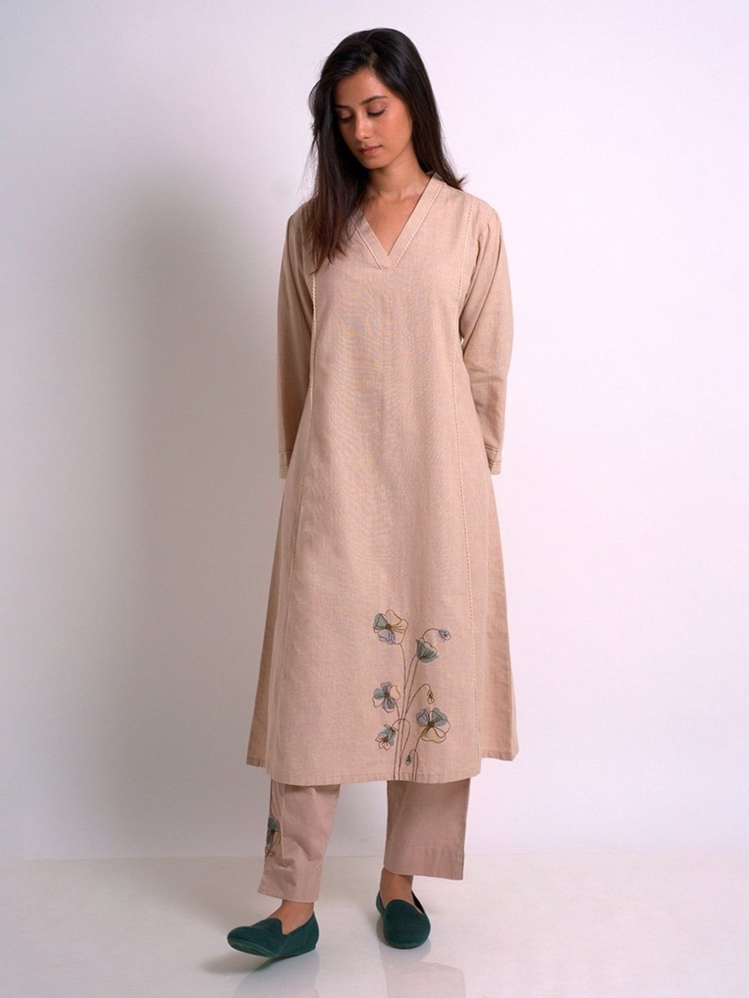 Ganga Fashions Beige Cotton Woven Kurta With Cotton Bottom