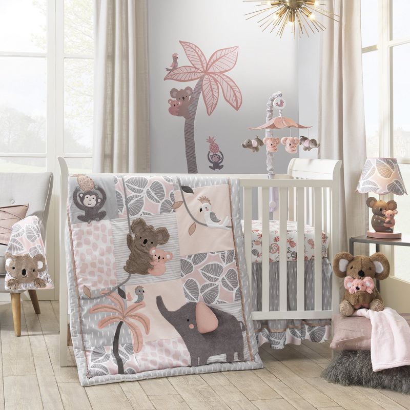 Lambs & Ivy Calypso 4-Piece Crib Bedding Set - Pink, Gray, Gold, Animals, Jungle