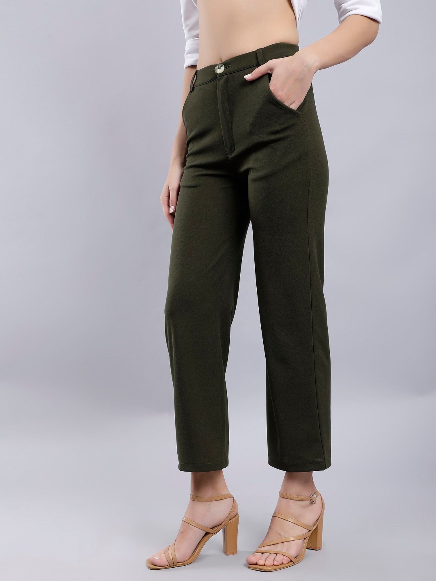 Anvi Be Yourself Olive Straight Fit Mid Rise Trousers