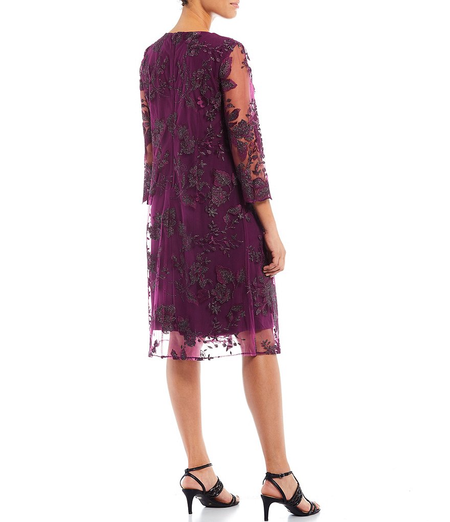 Jkara Chiffon Popover Beaded V-Neck 3/4 Capelet Sleeve Gown