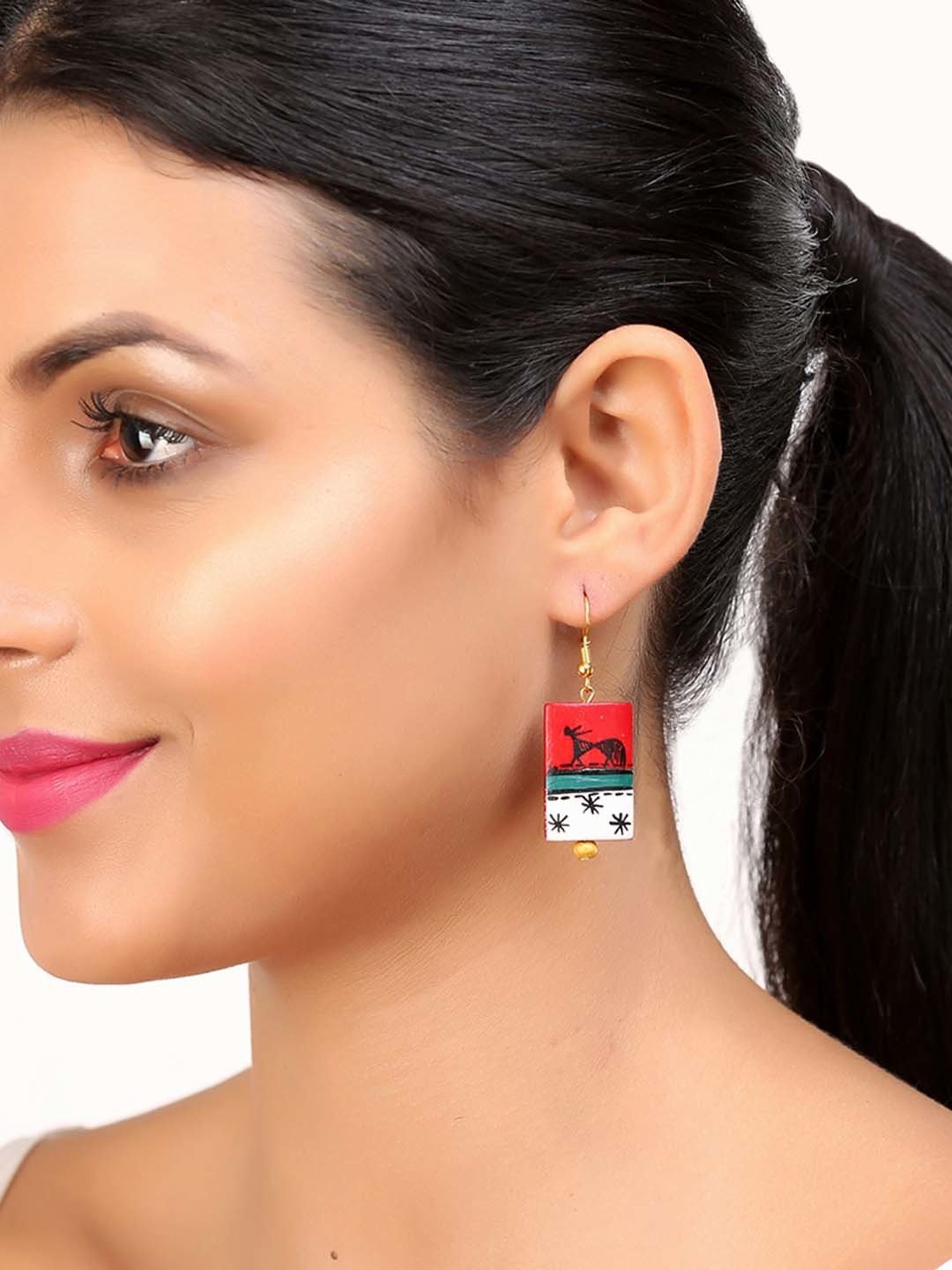 ExclusiveLane 'Tribal Warli Rectangles' Red & White Resin Handpainted Earrings in Warli Art