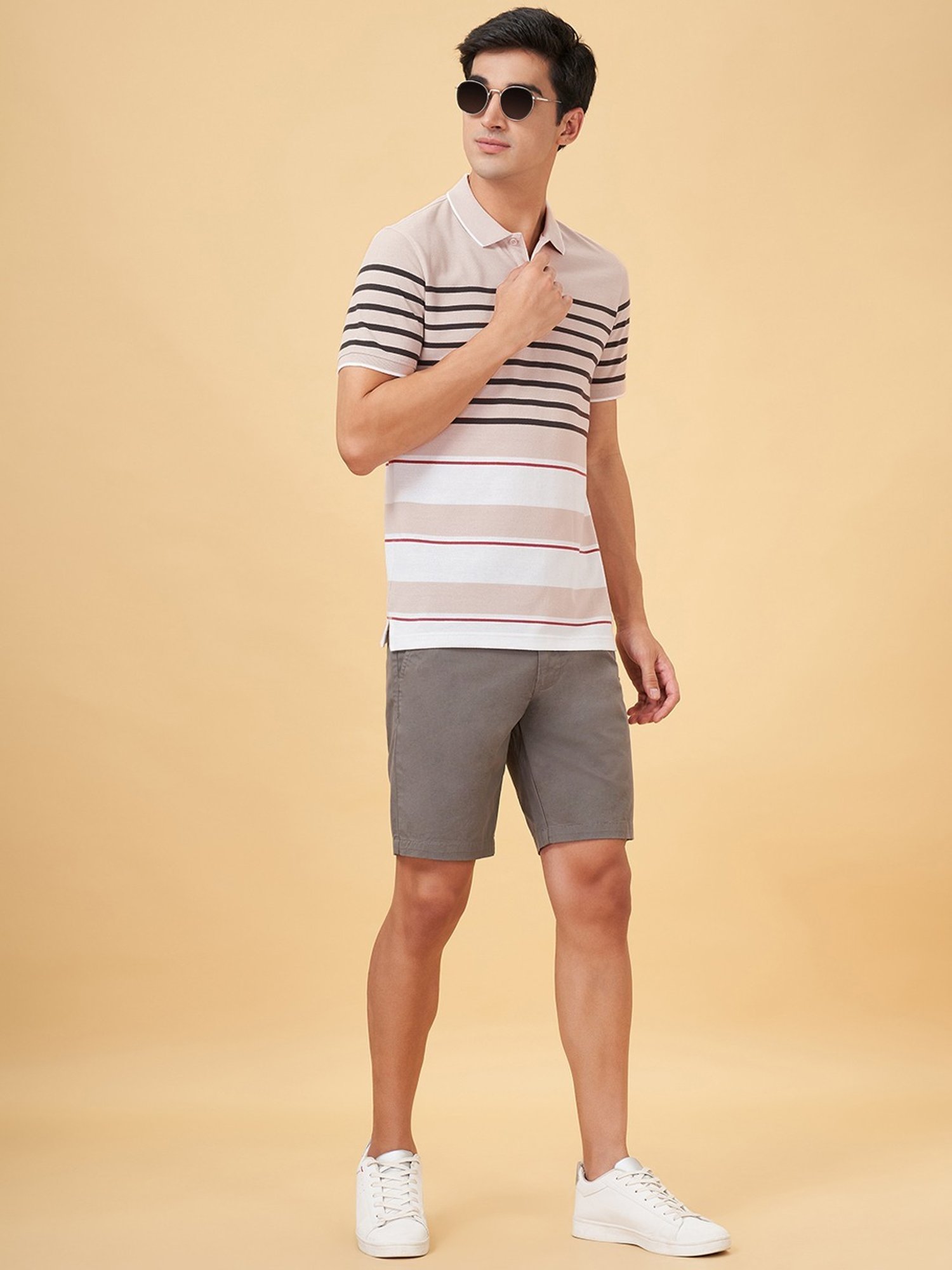 Byford By Pantaloons Beige Slim Fit Striped Polo T-Shirt