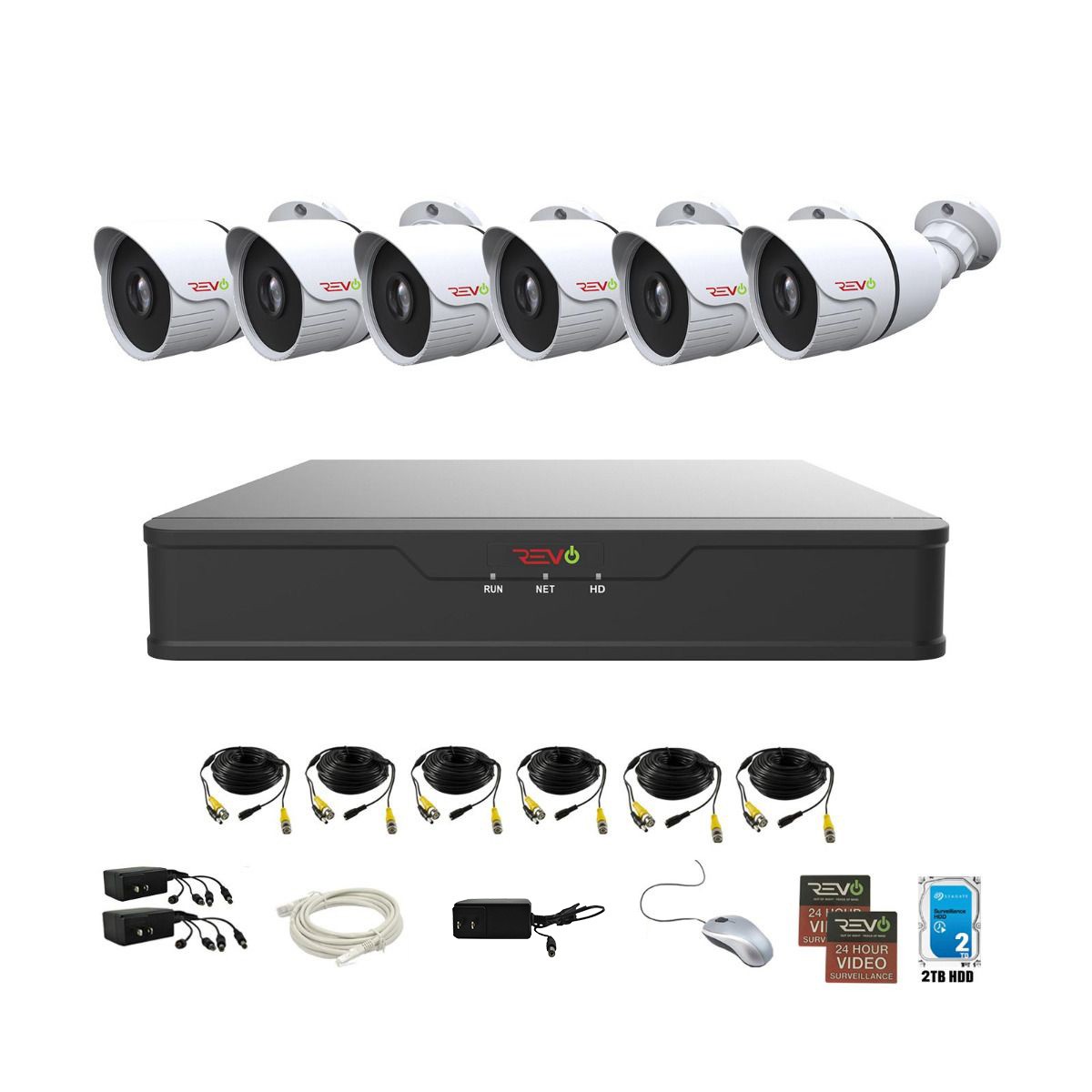 REVO America Hybrid 8Ch. 2TB HDD DVR Video Security System, 6 x 1080p Indoor/Outdoor IR Bullet Cameras - Remote Access via Smart Phone, Tablet, PC & MAC