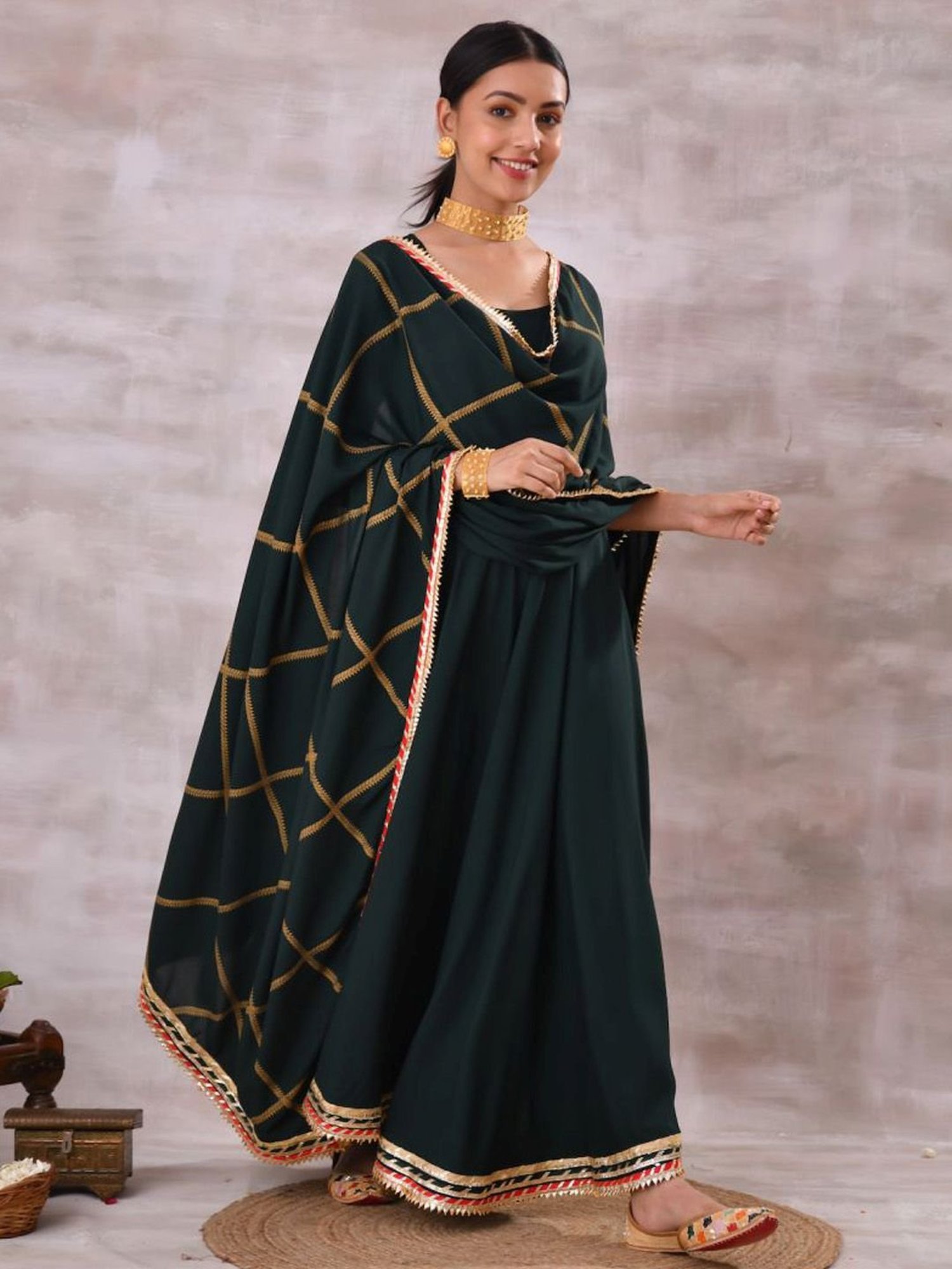 Rustorange Emerald Green Printed Kurta Dress with Dupatta
