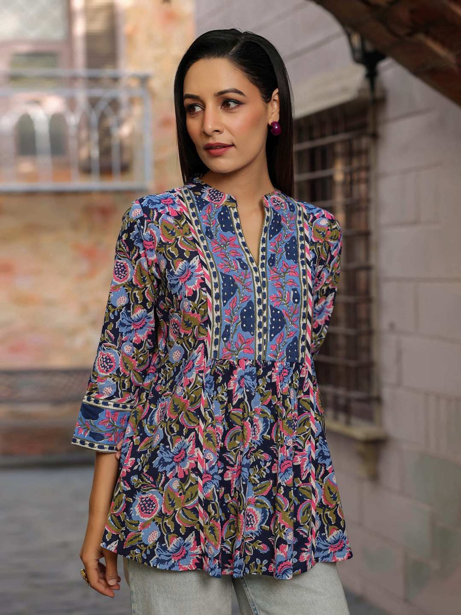 Rain and Rainbow Blue Cotton Floral Print Top